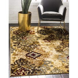 Unique Loom Barista Collection Distressed Damask Modern Vintage Beige Area Rug (9' 0 x 12' 0)