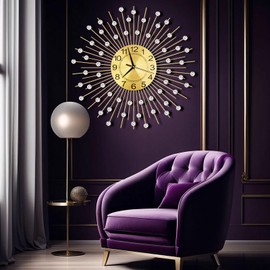 JUGV 24 Inch Crystal Large Modern Metal Starburst Decor, Bling Crystal Wall Clock for Kitchen Office Bedroom Living Room Decorative