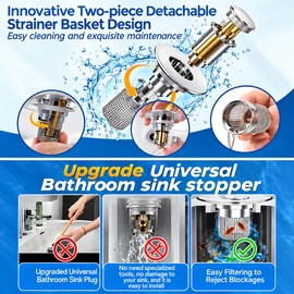 1 unidad de tapón de desagüe para lavabo, de acero inoxidable, con núcleo antiolores y sistema de rebote, tipo pulsador, accesorio universal para lavabo
