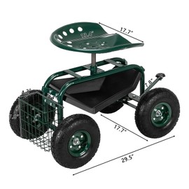 Rolling Garden Work Seat with Wheels,Garden Cart Rolling Scooter,360 Degree Swivel Seat & Utility Basket,Patio Scooter with Steering Handle for Outdoor, Patio and Yard (Green)
