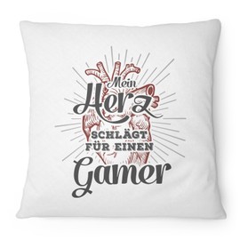 Fashionalarm "Mein Herz schlägt für einen Gamer Cushion - 40 x 40 cm with Filling | Birthday Gift Idea Girlfriend Wife Couples Gamer Gaming, Colour: White