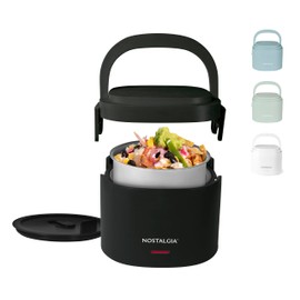 Nostalgia Portable 20-Ounce Electric Heated Lunch Box – Travel Size 2.5 Cup Capacity for Soup, Chili, and Leftovers – Leak Proof Silicone Sealed Lid, Foldable Carry Handle, Detachable Cord – Black