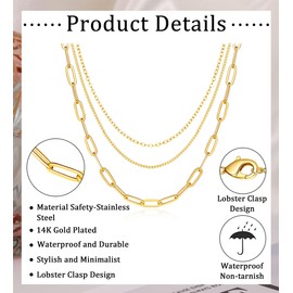 MJust 14K Gold Plated Layered Necklaces, Dainty Cable Paperclip Box Stacked Necklace for Women Men