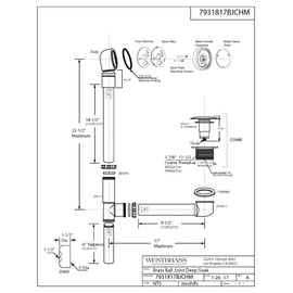 Westbrass 22" Deep Soak Tip-Toe Drain Bath Waste Overflow with Ball Joint, Polished Chrome, 7931817BJCHM-26