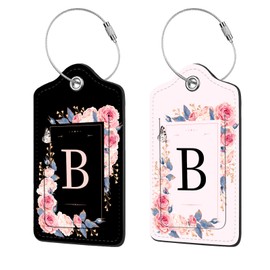 2 Pcs PU Leather Luggage Tag for Suitcases with Privacy Shield and Name ID Tag Address Card Travel Cruise Luggage Tag, Suitable for Men and Women Baggage Handbag Backpack,Flower and Monogram(Letter B