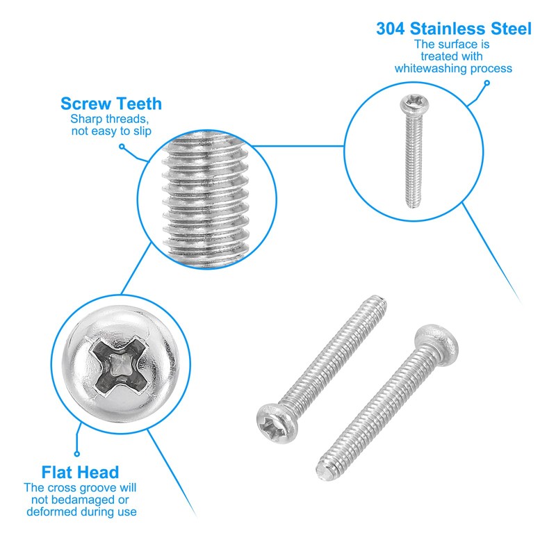 PATIKIL 60pcs M2-0.4 x 16mm 304 Stainless Steel 18-8 Full