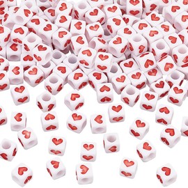 OLYCRAFT 200Pcs 6mm White Red Heart Bead Acrylic Cube Heart Beads with 3mm Hole Square Loose Heart Beads Pony Loose Spacer Beads Opaque Acrylic Cube Beads for DIY Earring Necklace Jewelry Making