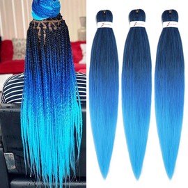 Pre Stretched Braiding Hair Extensions 3 Packs 26 Inch Black Blue Light Blue Ombre Braiding Hair Synthetic Braids Hair Extension for Women Hot Water Setting(26Inch,1B Blue Light Blue)