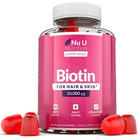 Biotin Hair Gummies 10,000mcg - 90 Vegan Gummies - 45 Day Supply - Strawberry Flavour - Supports Normal Skin & Hair Growth - Chewable Hair Vitamins