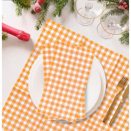 25 Pieces 3-ply Orange Gingham Napkins 13 x 15.7 Inches Guest Bathroom Napkins Disposable Hand Towels for Bathroom Birthday Thanksgiving Party Paper Dinner Napkins
