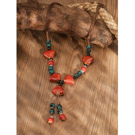 MINACHI Hippie Boho Colorful Red Green Ceramic Bead Necklace, Bohemian Summer Beach Jewelry Gifts for Women
