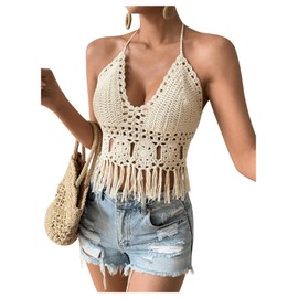 SOLY HUX Women's Crochet Tops Summer Sexy Knitted V Neck Sleeveless Camisole Halter Fringe Crop Top