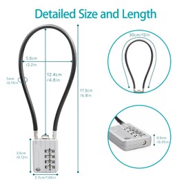 SISAV 30CM/12in Long Cable Locks - 4-Digit Combination Lock, Re-settable Combination, Security Cable Lock for Luggage, Suitcase, Gun, Helmet - Silver, 1-Pack