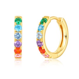Earrings,Solid 925 Sterling Silver Hoop Earrings, Rainbow Colorful Cubic Zirconia Hoop Earrings, Fine Jewelry for Women (9K GOLD)