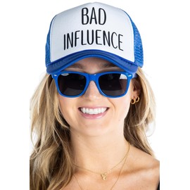 Funky Junque Bad and Boujee Adjustable Trucker Hat & Sunglasses Set for Women, Spring Break Girls Trip 2024 - Hat & Sunnies Set - Bad Influence (Royal Blue)