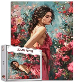 Pink Dress Women Puzzles for Adults 1000 Pieces Beautiful Girl 1000 Piece Jigsaw Puzzle - Pretty Girl Colorful Flowers Romantic Garden Puzzles Art Family Game, Adult Birthday Puzzle