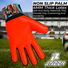 Jazzy Sports Soccer Goalie Gloves for Kids, Youth Goalkeeper Gloves Anti Slip 4mm Latex Palm with Strong Grip Double Wrist Protection (Orange, Size 3 Suitable for 5-6 Years)