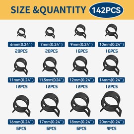 Quevaeco 142PCS Spring Hose Clamps Assortment Kit, 6–20mm Small Automotive Fuel Line Hose Clamp, Spring Band Tube Clips for Air Line, Water Hose, Tubing Fixing, Car Hose & Silicone Pipe Clamps (Black)