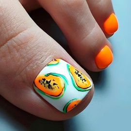 24Pcs Summer Press on Toenails Orange Fake Toe Nails with Papaya Designs Full Cover Glossy Acrylic Toenails Short Square False Toenails Stick on Toenails for Women Girls Summer Nail Art Decoration