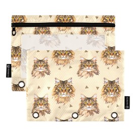 Fustylead Cute Maine Coon Cat Head and Triangle Decor Pencil Bags for 3 Ring Binders, Zipper Pocket Pouch with Clear Window Pencil Case Bags for Home Office 2 Pack