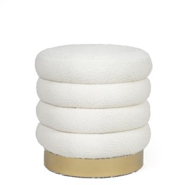 Furnistar Modern Round Velvet Ottoman Vanity Seat with Gold Plating Base 16 inch Upholstered Footrest Non-Slip Design Decorate Bedroom Living Room (Teddy Velvet White)
