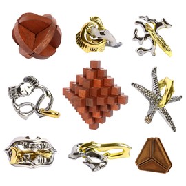 ActPo 9pcs Difficulty Retro Wooden and Metal Puzzles Challenging Game for Adults, Teens, and Kids Brain Teaser Cool Mind Puzzles