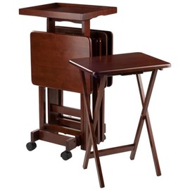 Pemberly Row 6-Piece Transitional Solid Wood Snack Table Set in Walnut