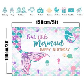 Bymivofun Mermaid Birthday Background, Kids Happy Birthday Party Background, Cartoon Birthday Banner, Vinyl Professional Photography Wall Background (5 x 3 Feet)