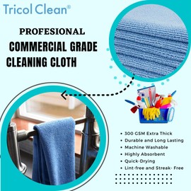 Tricol Clean Professional Commercial Grade Microfiber Cleaning Cloth 72 Value Pack 16 x 16 inch (Commerical Grade, Extra Thick, Extra Absorbant, Dry Fast, Lint Free, 300GSM, Blue)