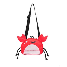 YSGSMOM Kids Mesh Beach Bag, Cute Crab-Shaped Seashell Collecting Bag with Adjustable Strap, Sand Toy Bag for Holding Sea Shell Beach Toy,Red
