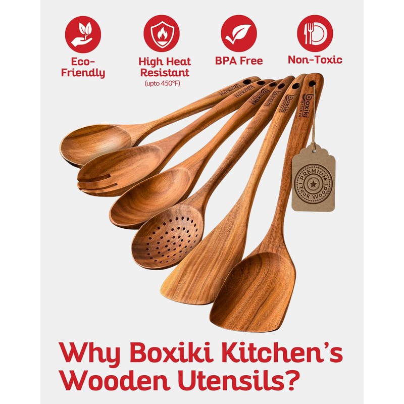 Boxiki Kitchen Luxury Teak Wood Utensil Set - Elegant 6-Piece