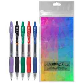 Advantage Gifts G2 Retractable Premium Gel Ink Roller Ball Pens Extra Fine Point (.5mm) Black/Blue/Red/Green/Purple Ink 5 pack; Refillable & Premium Comfort Grip Bundle with Plastic Reusable Pouch