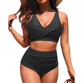 High Waisted Two Piece Swimsuit-Womens Bikini Set Tummy Control Bathing Suit Modest Full Coverage Bikini 2025 Black S