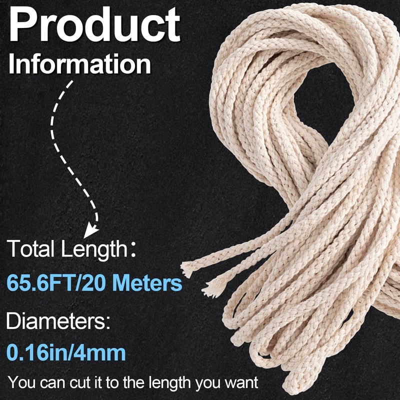 Pndeyo 65.6 Ft 1/8''(4mm) Oil Lamp Wicks, Round Cotton Lamp