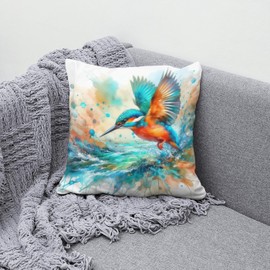 The Beach Stop Kingfisher Accent Cushion Cover | Home Decor Inspo | Gift Idea for Bird Lovers | 45x45cm 18x18” | Watercolour Kingfisher