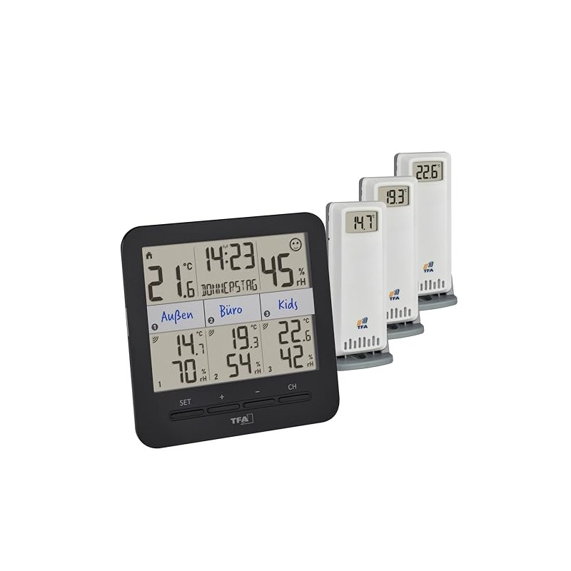 TFA Dostmann Thermo-Hygrometer with 3 Transmitters Klima@Home2, 30.3075.01, Temperature/Humidity in