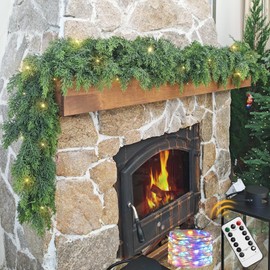 Christmas Cedar Garland with Lights for Mantle - Real Touch 6 Ft Artificial Realistic Faux Pine Garlands for Decoration Outdoor Stairs Railing Fireplace Garland Door Decor