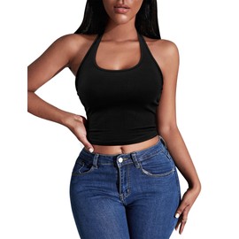 Ekouaer Women Halter Top Backless Scroop Neck Slim Stretchy Ribbed Knit Camisole Crop Tops(Black,S)