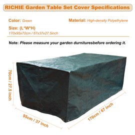 RICHIE Garden Furniture Covers Waterproof, Large Garden Furniture Cover 170x95x70cm Rectangular, Outdoor Table Covers Furniture Sets Cover Windproof, Anti-UV, Patio Set Cover, Garden Table Cover Green