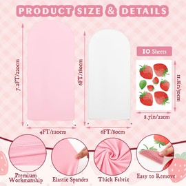 Tegeme 12 Pcs Berry First Birthday Backdrop Cover Set 7.2ft 6ft Pink and White Stretchy Arch Cover with 10 Sheets Strawberry Decal Sign Wall Stickers for Birthday Party Baby Shower Wedding Decorations