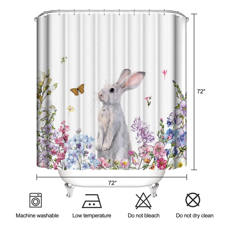 ZCHOMI Spring Easter Bunny Shower Curtain Cute Rabbit Floral Plant
