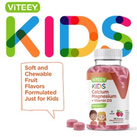 Viteey Kids Calcium Gummies + Vitamin D3 & Magnesium Citrate for Kids and Teens - Supports Bone Health, Immune Support, Energy & Muscle Function - Gluten Free,GMO Free - Tasty Chewable Fruit Flavored