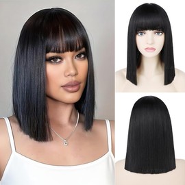 G&T Wig Black Bob Wig with Bangs 14inch Straight Bob Bangs Wig for Women Daily Cosplay Costume Halloween Party Wigs