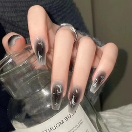 24pcs Long Ballerina Fake Nail French Dark Star Moon Fake Nail Full Cover Press On Nail DIY Removable