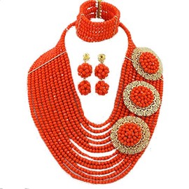 Africanbeads 12 Rows 6mm Nigerian Wedding Beads Necklace Orange Crystal African Jewelry Set