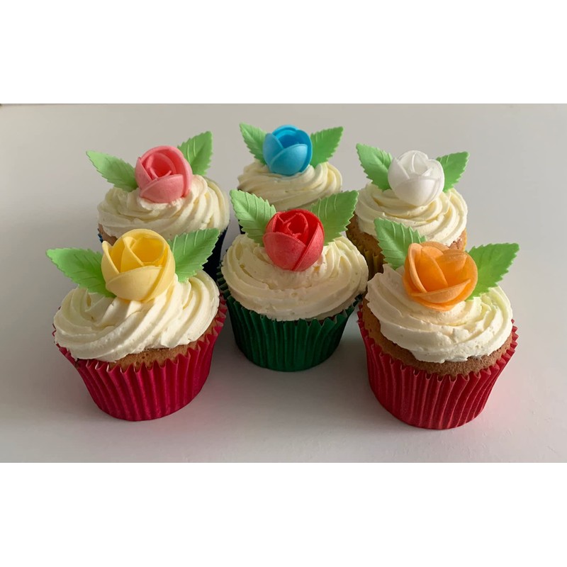 12 Pretty Mixed Colour Wafer Roses & 24 Wafer Leaves-
