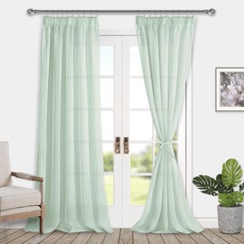 DWCN Voile Curtains with Ruffle Tape, Linen Look, 2 Pieces, Semi-Transparent Curtains for Living Room, Transparent Curtains, Extra Long, Green, 260 x 140 cm (Height x Width)