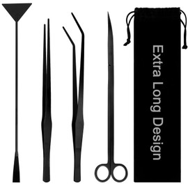Funnytek 15Inch Extra Long Design Aquarium Aquascaping Tool Stainless Steel Aquascape Tools Kit 4 in 1 Anti-Rust Fish Tank Starter Kit with Long Tweezers Scissors Spatula for Aquarium Plants (Black)