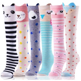 MOGGEI Kids Girls Knee High Socks Long Boot Crazy Silly Fun Gift Tall Funny Cute Animal Child Gifts for 4 5 6 7 8 9 10 11 12 Year Old Girls Stocking Stuffers Socks 6 Pairs Girls Socks(Animal A)