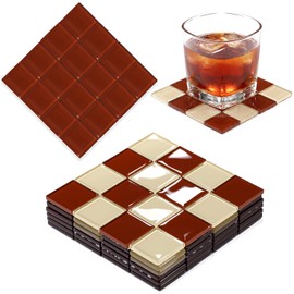 Queekay Brown and Beige Checkered Coaster Set of 6 for Drink 4" Square Glass Drinks Tiled Coaster Plaid Place Mat for Coffee Table Bar Plate Home Decoration Gifts for Mom